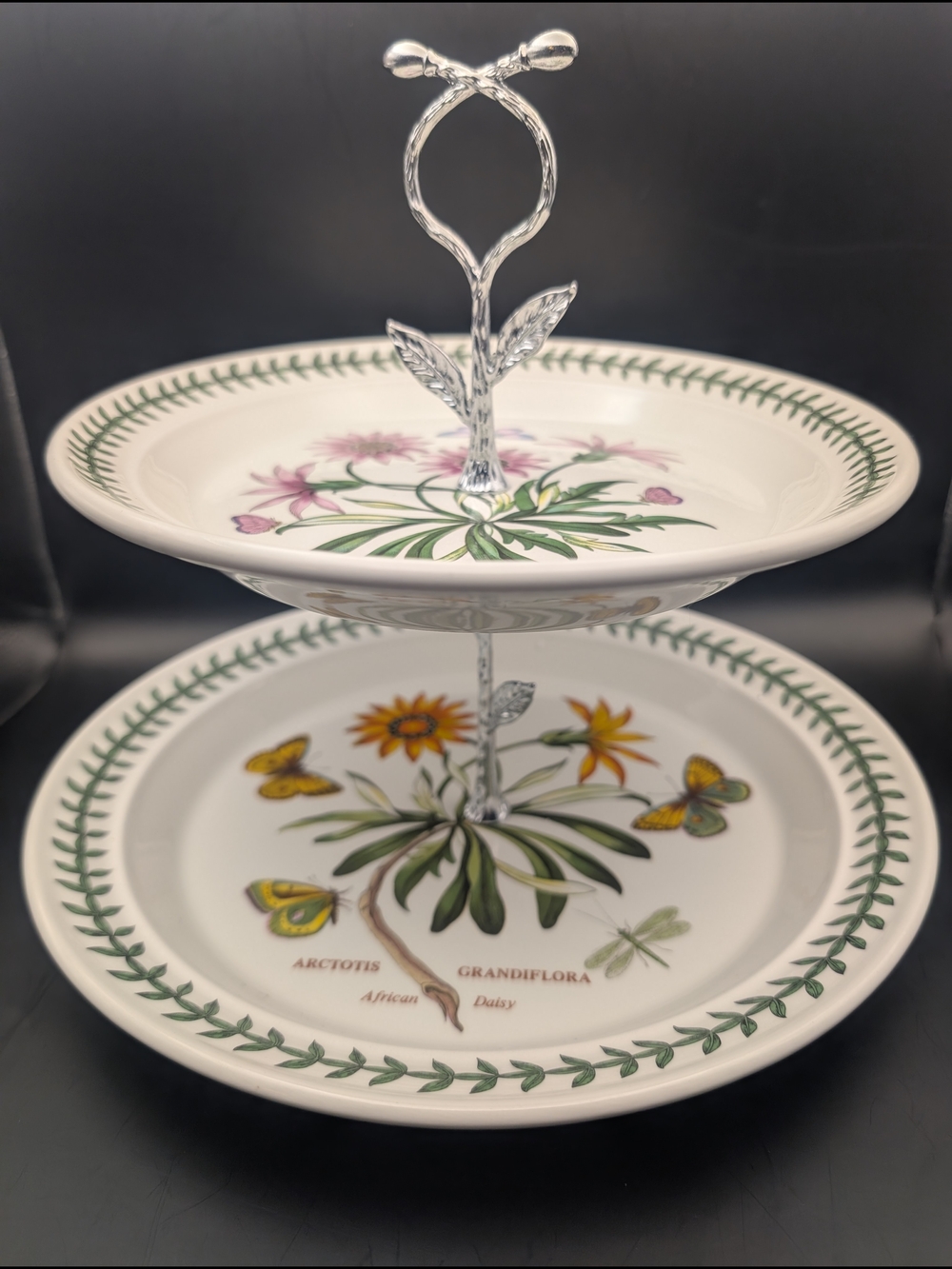 Portmeirion White Two-Tier Ceramic Serving Stand with Botanical Motifs